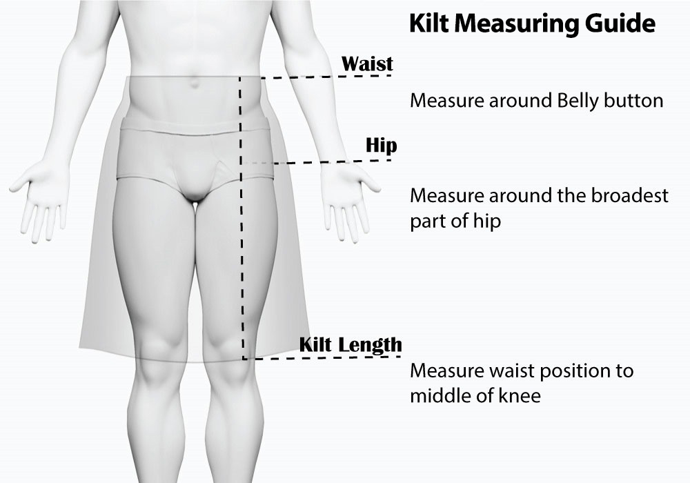 Complete guide showing waist, hip, fell, and length measurements for a traditional Scottish kilt