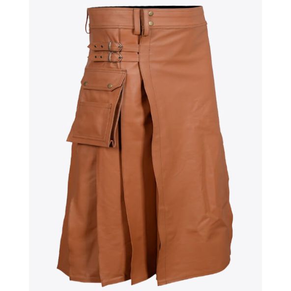 Brown Leather Kilt for Men with Pockets