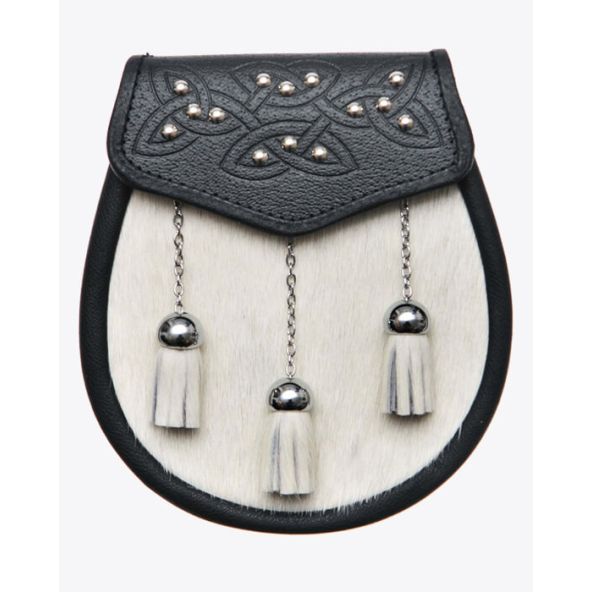 Celtic Design Semi Dress Sporran with Studs in WHITE