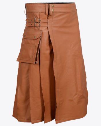 Brown Leather Kilt for Men with Pockets